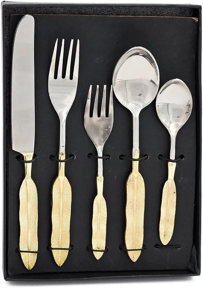 Elegant Cutlery Set for Memorable Dining Experiences, Feather-Shaped Handles in Gold Finish, 5-Piece Set with Gift-Ready Storage Box