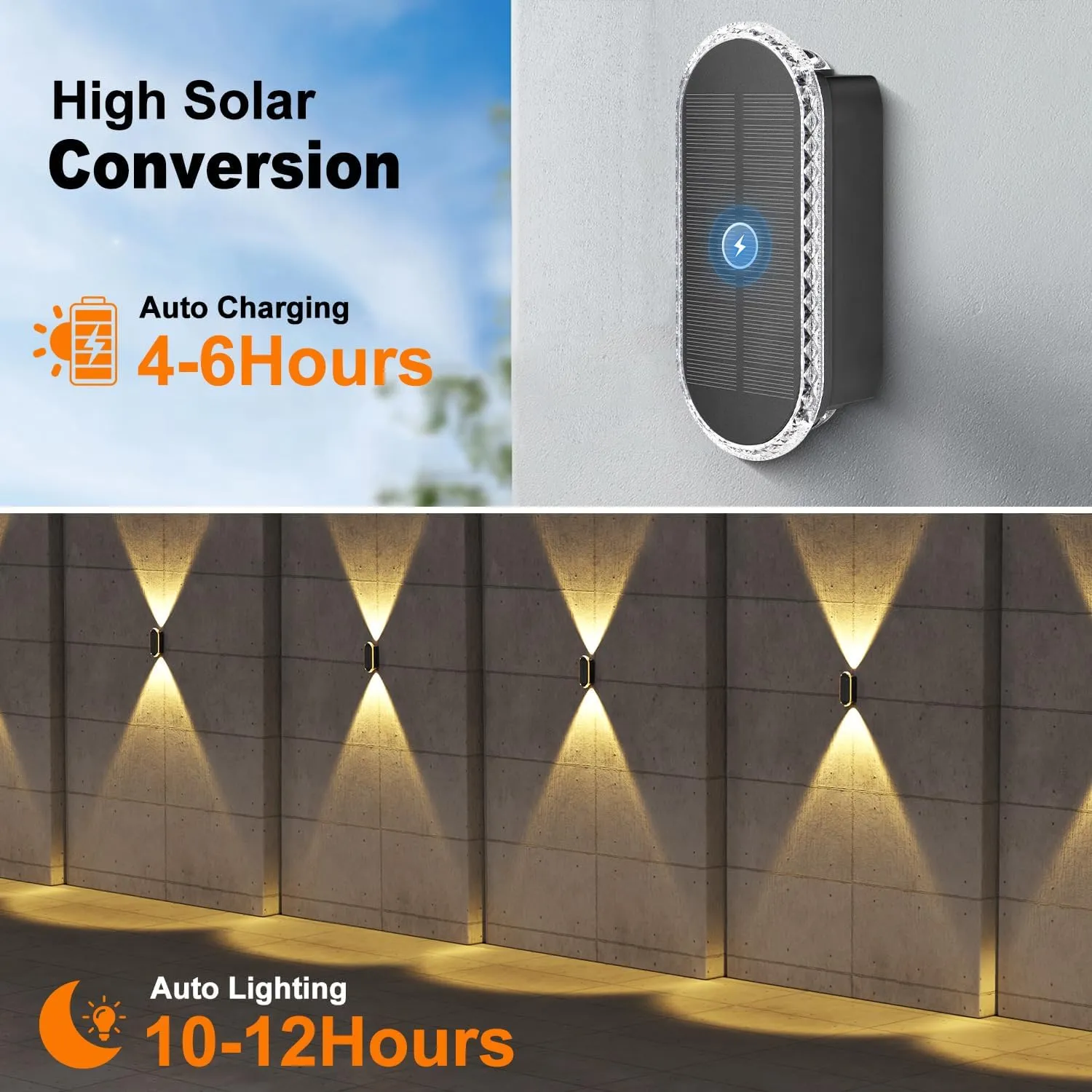 Ellasay Solar Fence Lights Outdoor,6-Pack Solar Powered Wall Lights Up and Down Waterproof IP65,3 Color Brighter LED Focus Lens SolarLights Dusk to Dawn 12h for Patio,Backyard,Porch,Railing