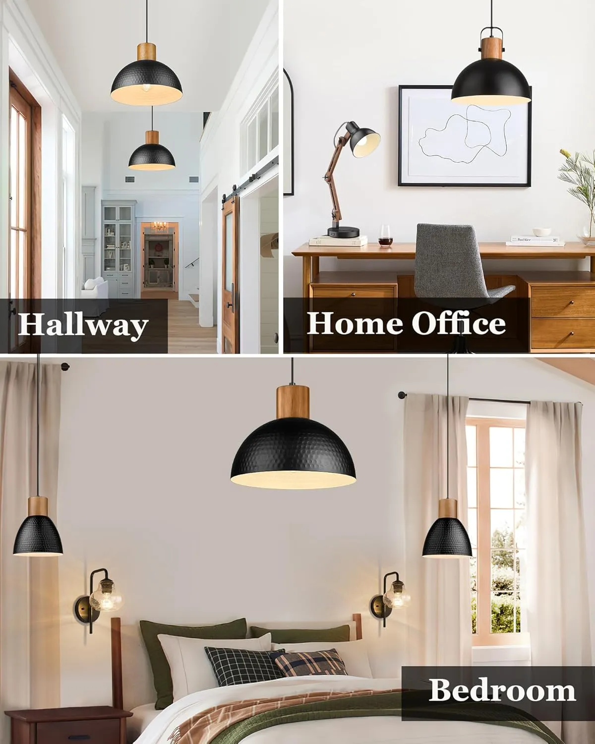 ELYONA 12" Hammered Metal Pendant Light, Rubber Wood Dome Hanging Lamp, Modern Pendant Light Fixtures for Kitchen Island, Bar, Farmhouse Dining Room, Bedroom, Hallway - Black