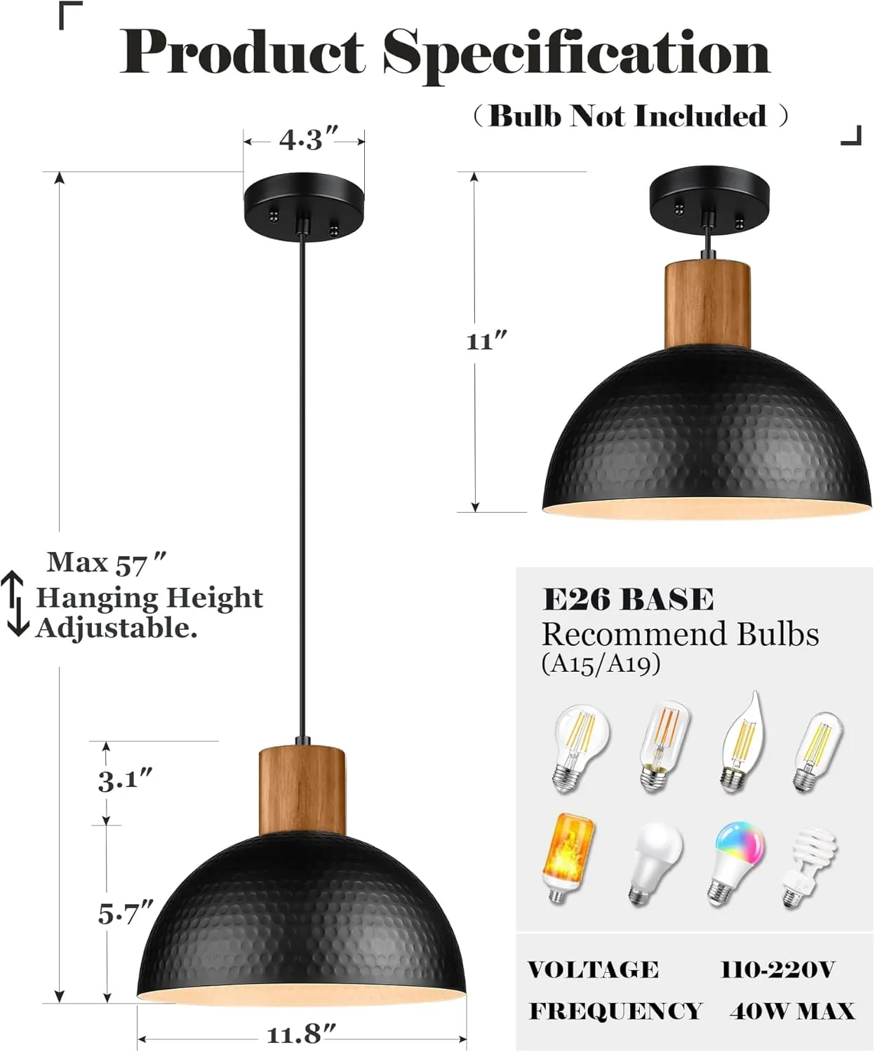 ELYONA 12" Hammered Metal Pendant Light, Rubber Wood Dome Hanging Lamp, Modern Pendant Light Fixtures for Kitchen Island, Bar, Farmhouse Dining Room, Bedroom, Hallway - Black
