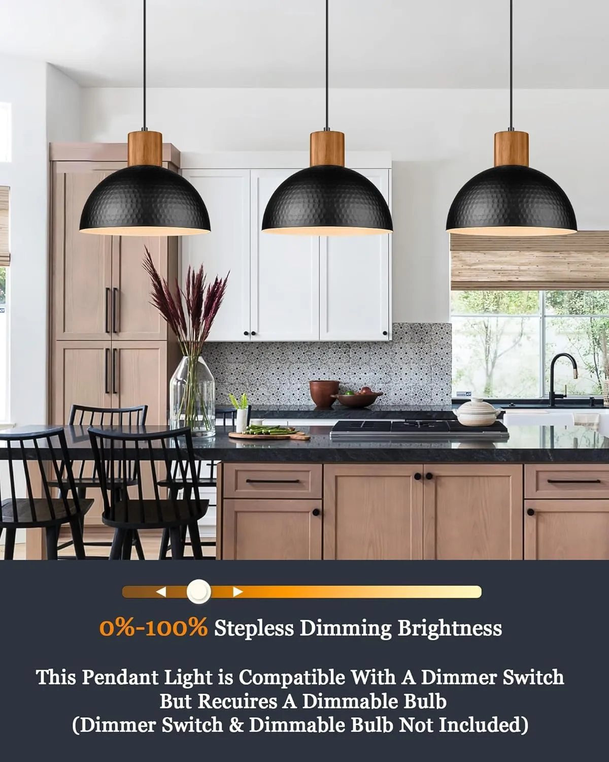 ELYONA 12" Hammered Metal Pendant Light, Rubber Wood Dome Hanging Lamp, Modern Pendant Light Fixtures for Kitchen Island, Bar, Farmhouse Dining Room, Bedroom, Hallway - Black