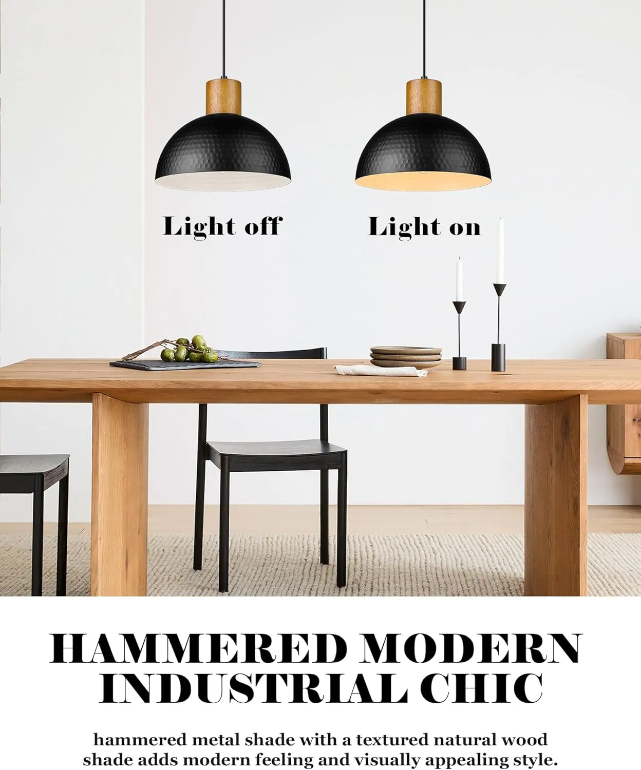 ELYONA 12" Hammered Metal Pendant Light, Rubber Wood Dome Hanging Lamp, Modern Pendant Light Fixtures for Kitchen Island, Bar, Farmhouse Dining Room, Bedroom, Hallway - Black