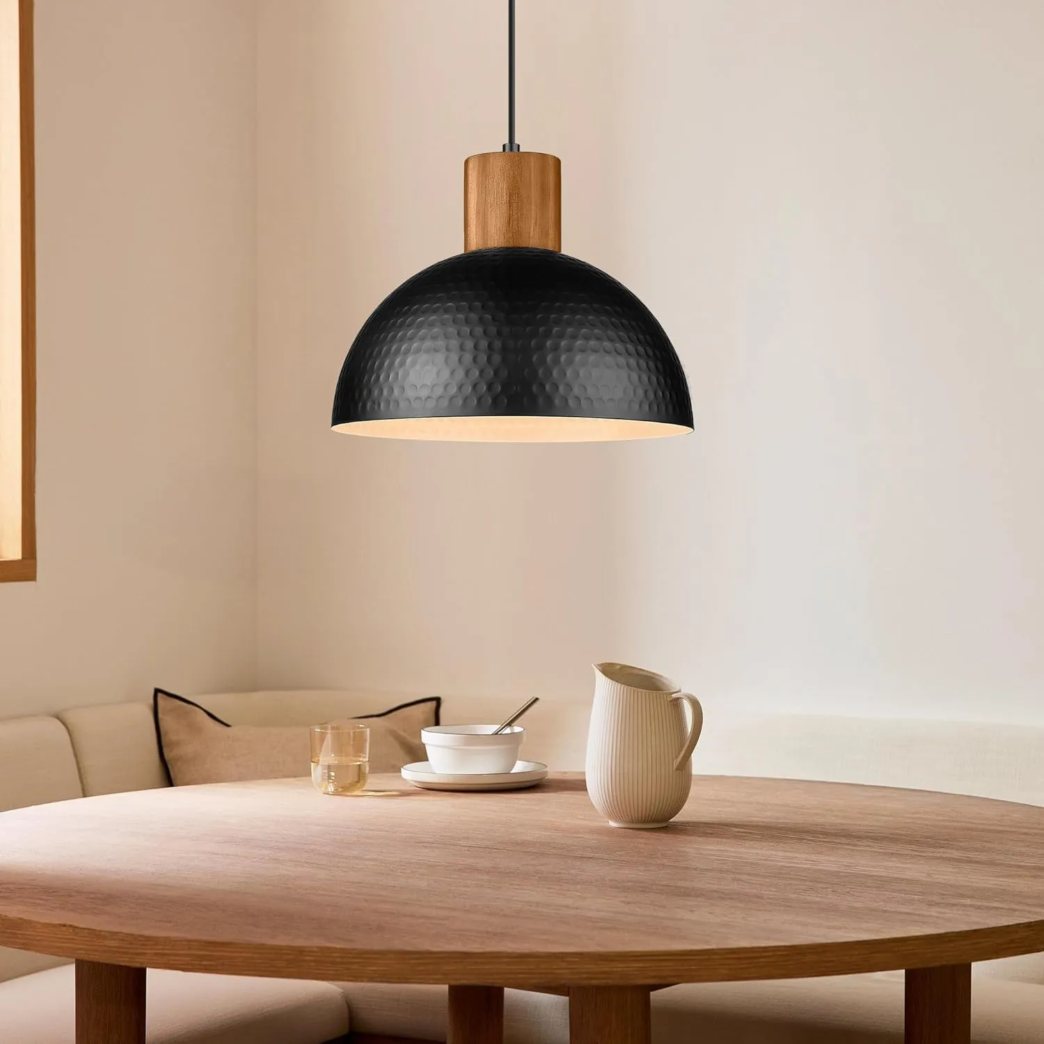 ELYONA 12" Hammered Metal Pendant Light, Rubber Wood Dome Hanging Lamp, Modern Pendant Light Fixtures for Kitchen Island, Bar, Farmhouse Dining Room, Bedroom, Hallway - Black