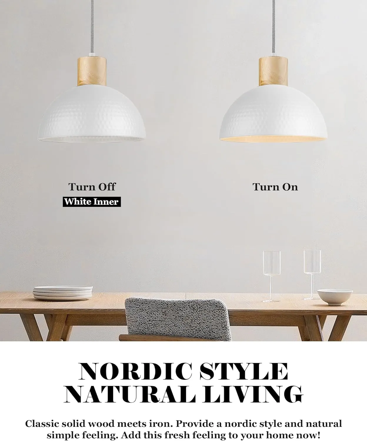 ELYONA 12" Hammered Pendant Light, Metal Dome Hanging Lamp Modern Solid Wood Pendant Light Fixtures for Kitchen Island, Farmhouse, Dining Room, Sink, Bedroom, Hallway, Nordic White