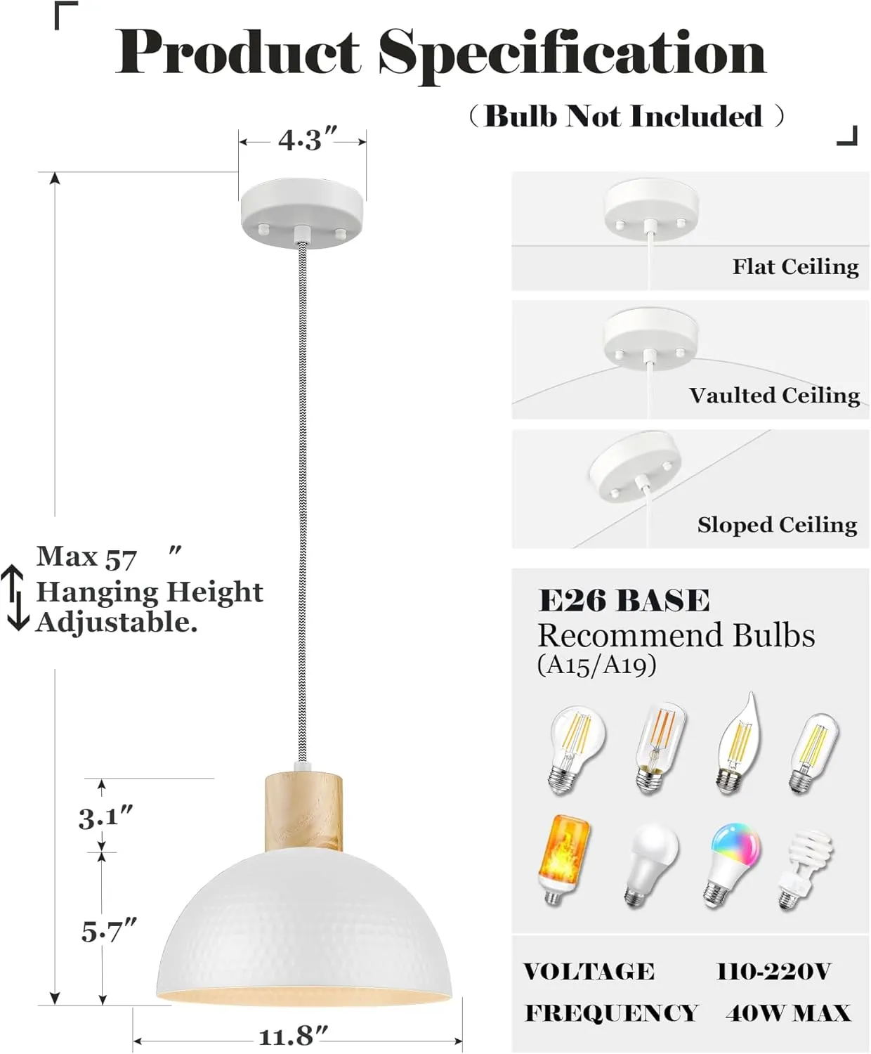 ELYONA 12" Hammered Pendant Light, Metal Dome Hanging Lamp Modern Solid Wood Pendant Light Fixtures for Kitchen Island, Farmhouse, Dining Room, Sink, Bedroom, Hallway, Nordic White