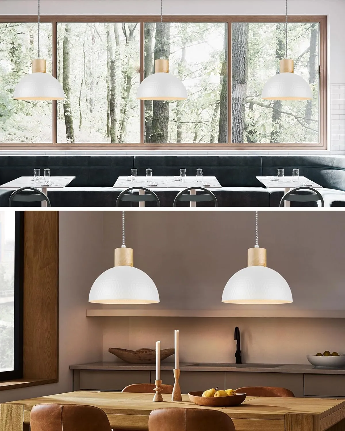 ELYONA 12" Hammered Pendant Light, Metal Dome Hanging Lamp Modern Solid Wood Pendant Light Fixtures for Kitchen Island, Farmhouse, Dining Room, Sink, Bedroom, Hallway, Nordic White