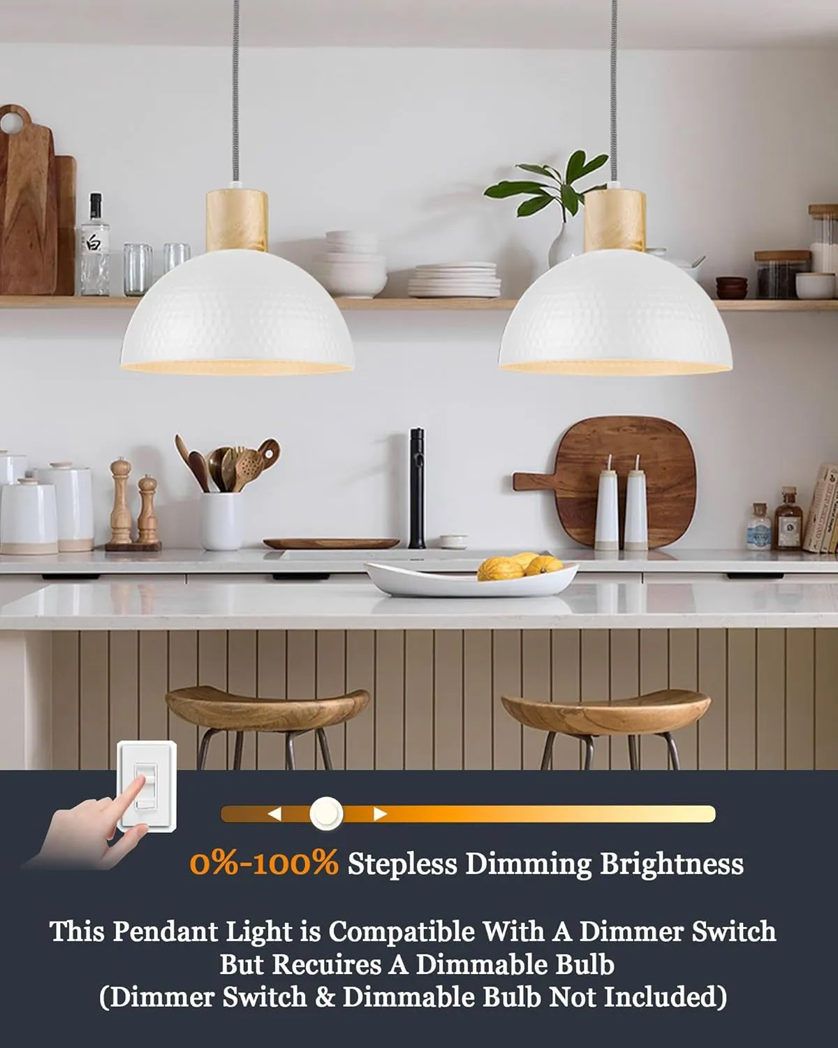 ELYONA 12" Hammered Pendant Light, Metal Dome Hanging Lamp Modern Solid Wood Pendant Light Fixtures for Kitchen Island, Farmhouse, Dining Room, Sink, Bedroom, Hallway, Nordic White