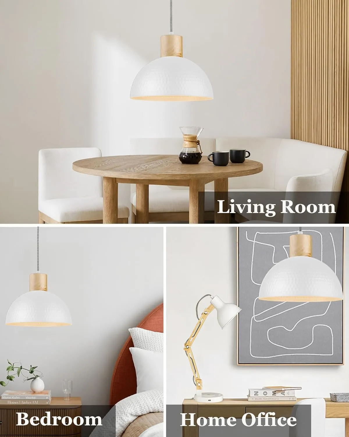 ELYONA 12" Hammered Pendant Light, Metal Dome Hanging Lamp Modern Solid Wood Pendant Light Fixtures for Kitchen Island, Farmhouse, Dining Room, Sink, Bedroom, Hallway, Nordic White