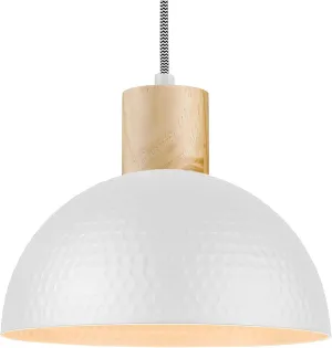 ELYONA 12" Hammered Pendant Light, Metal Dome Hanging Lamp Modern Solid Wood Pendant Light Fixtures for Kitchen Island, Farmhouse, Dining Room, Sink, Bedroom, Hallway, Nordic White