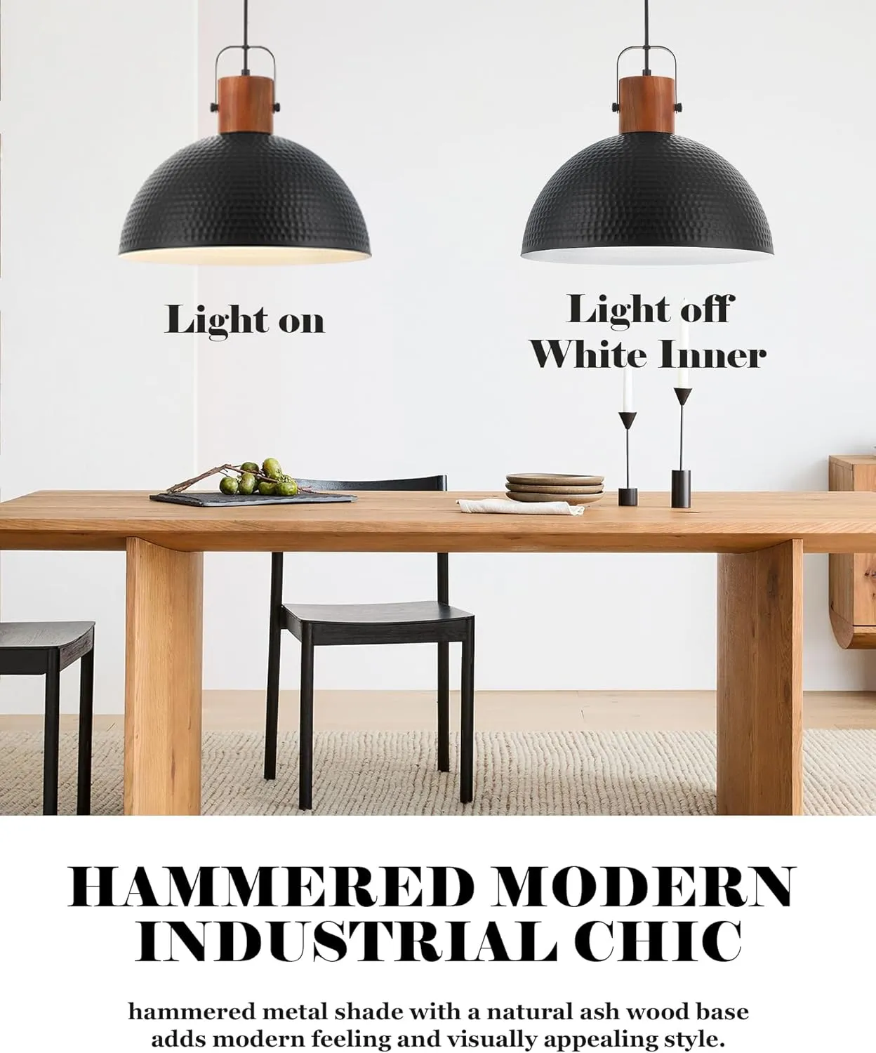ELYONA 16 Inch Ash Wood Hammered Pendant Light Fixtures, Large Metal Dome Ceiling Hanging Lamp, Industrial Chandelier for Kitchen Island, Bar, Farmhouse, Dining Table, Hallway, Modern Black