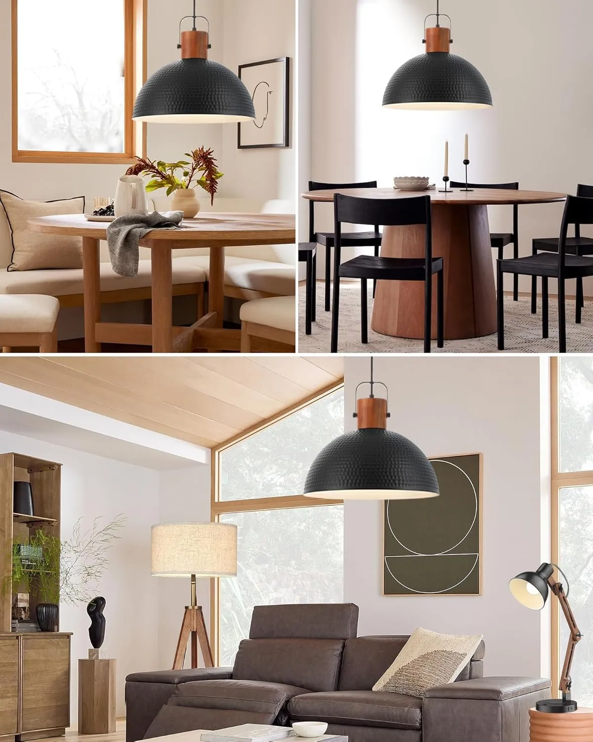 ELYONA 16 Inch Ash Wood Hammered Pendant Light Fixtures, Large Metal Dome Ceiling Hanging Lamp, Industrial Chandelier for Kitchen Island, Bar, Farmhouse, Dining Table, Hallway, Modern Black
