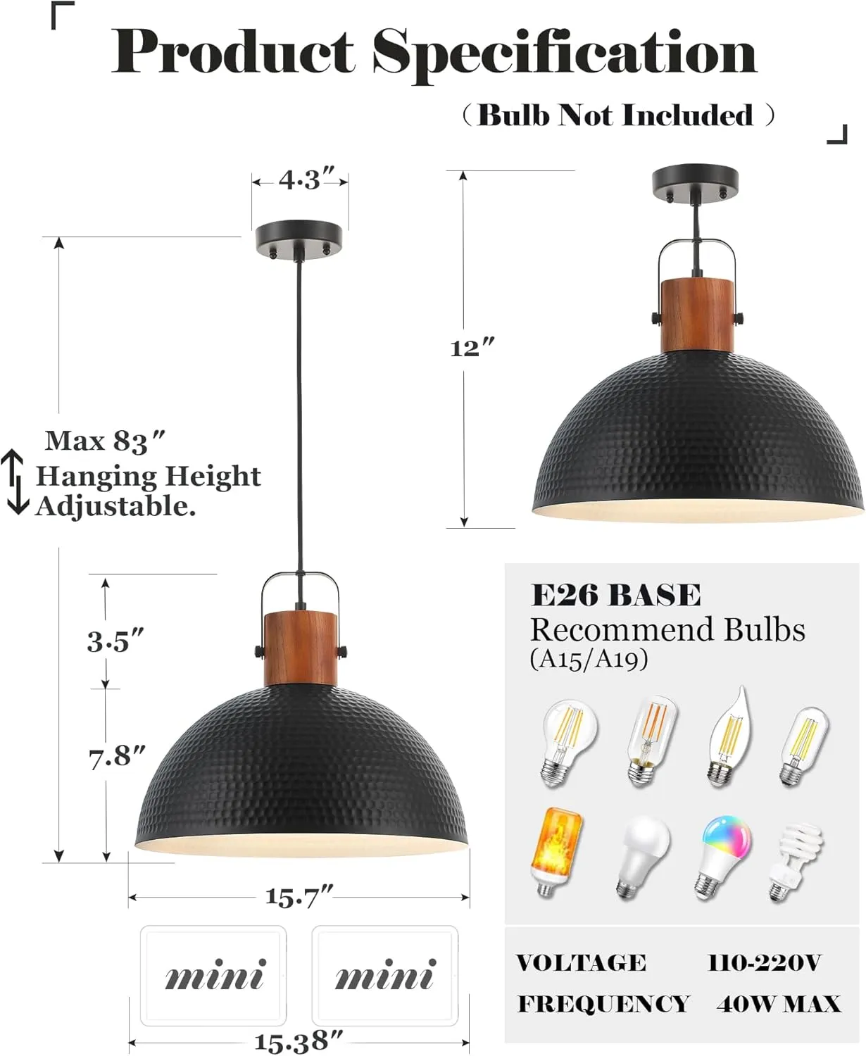 ELYONA 16 Inch Ash Wood Hammered Pendant Light Fixtures, Large Metal Dome Ceiling Hanging Lamp, Industrial Chandelier for Kitchen Island, Bar, Farmhouse, Dining Table, Hallway, Modern Black