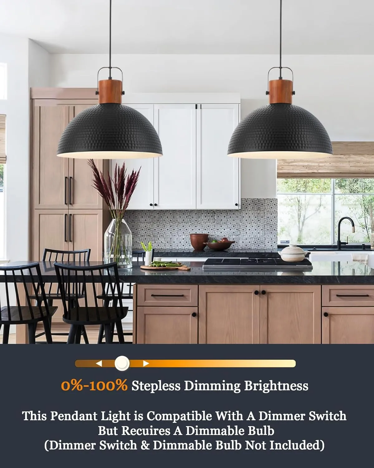 ELYONA 16 Inch Ash Wood Hammered Pendant Light Fixtures, Large Metal Dome Ceiling Hanging Lamp, Industrial Chandelier for Kitchen Island, Bar, Farmhouse, Dining Table, Hallway, Modern Black