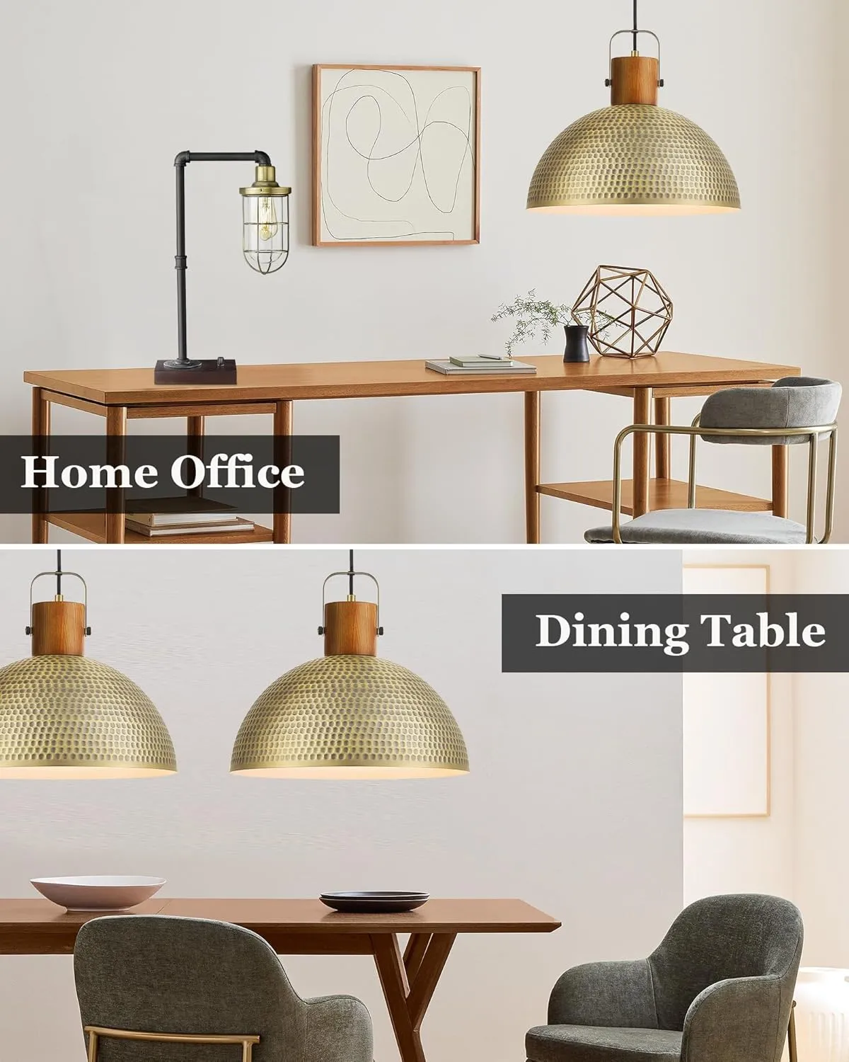 ELYONA 16 Inch Large Hammered Pendant Light Fixtures Ash Wood Vintage Dome Hanging Lamp Antique Gold Metal Kitchen Chandelier for Island, Farmhouse Dining Room Living Room Hallway Brushed Brass