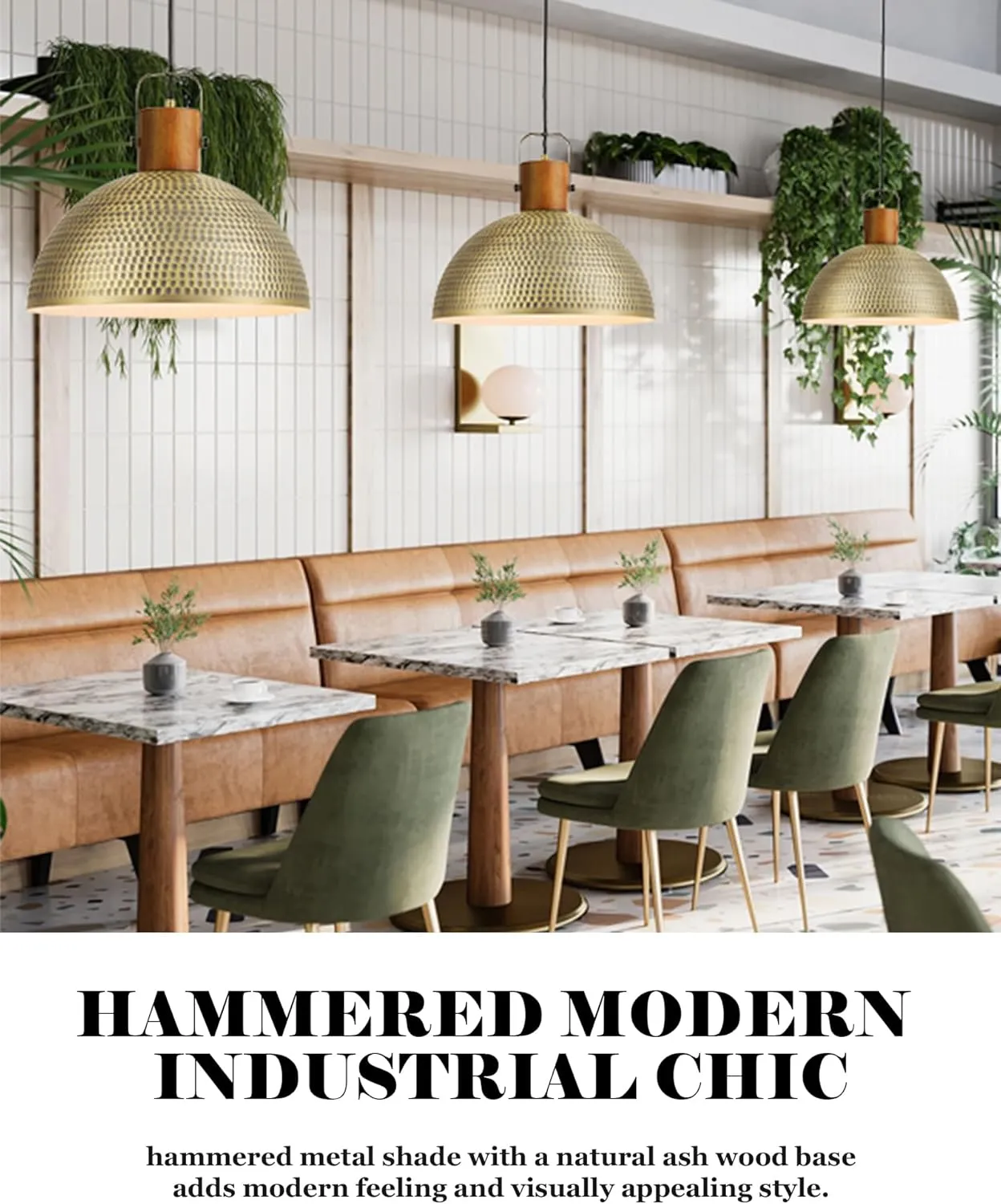 ELYONA 16 Inch Large Hammered Pendant Light Fixtures Ash Wood Vintage Dome Hanging Lamp Antique Gold Metal Kitchen Chandelier for Island, Farmhouse Dining Room Living Room Hallway Brushed Brass