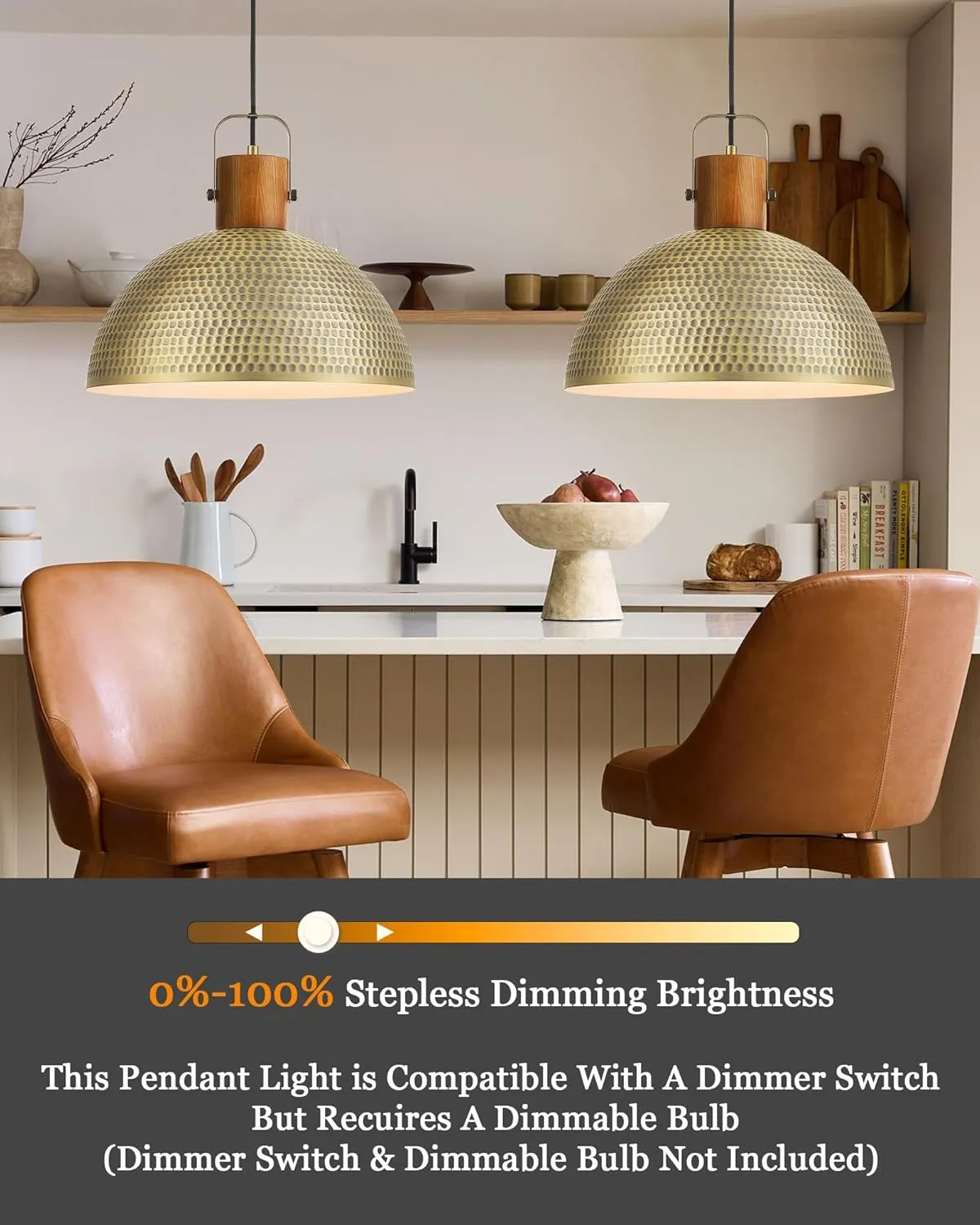 ELYONA 16 Inch Large Hammered Pendant Light Fixtures Ash Wood Vintage Dome Hanging Lamp Antique Gold Metal Kitchen Chandelier for Island, Farmhouse Dining Room Living Room Hallway Brushed Brass