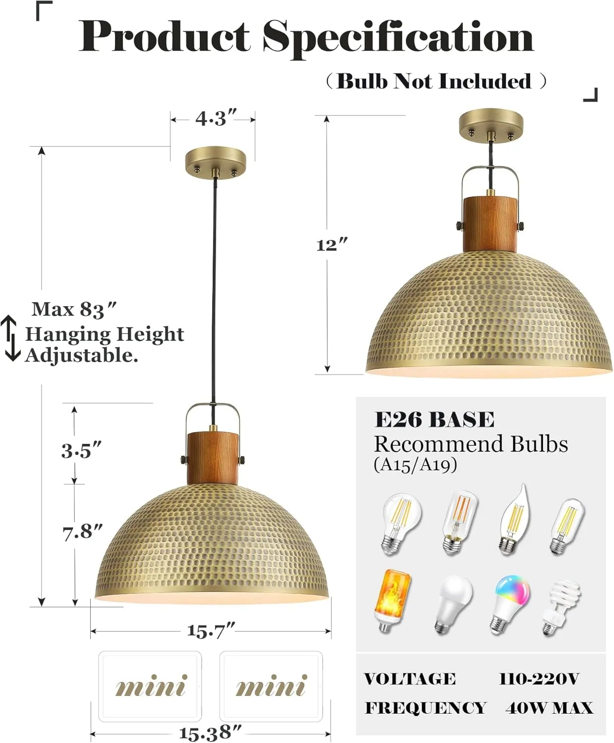ELYONA 16 Inch Large Hammered Pendant Light Fixtures Ash Wood Vintage Dome Hanging Lamp Antique Gold Metal Kitchen Chandelier for Island, Farmhouse Dining Room Living Room Hallway Brushed Brass