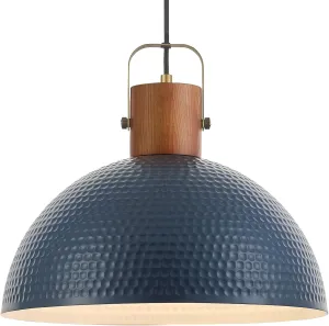 ELYONA 16” Large Ash Wood Pendant Light with Hammered Blue Metal & Brushed Brass Handle Large Pendant Light Fixtures Modern Dome Hanging Lamp for Kitchen Island, Dining Table, Bedroom, Hallway
