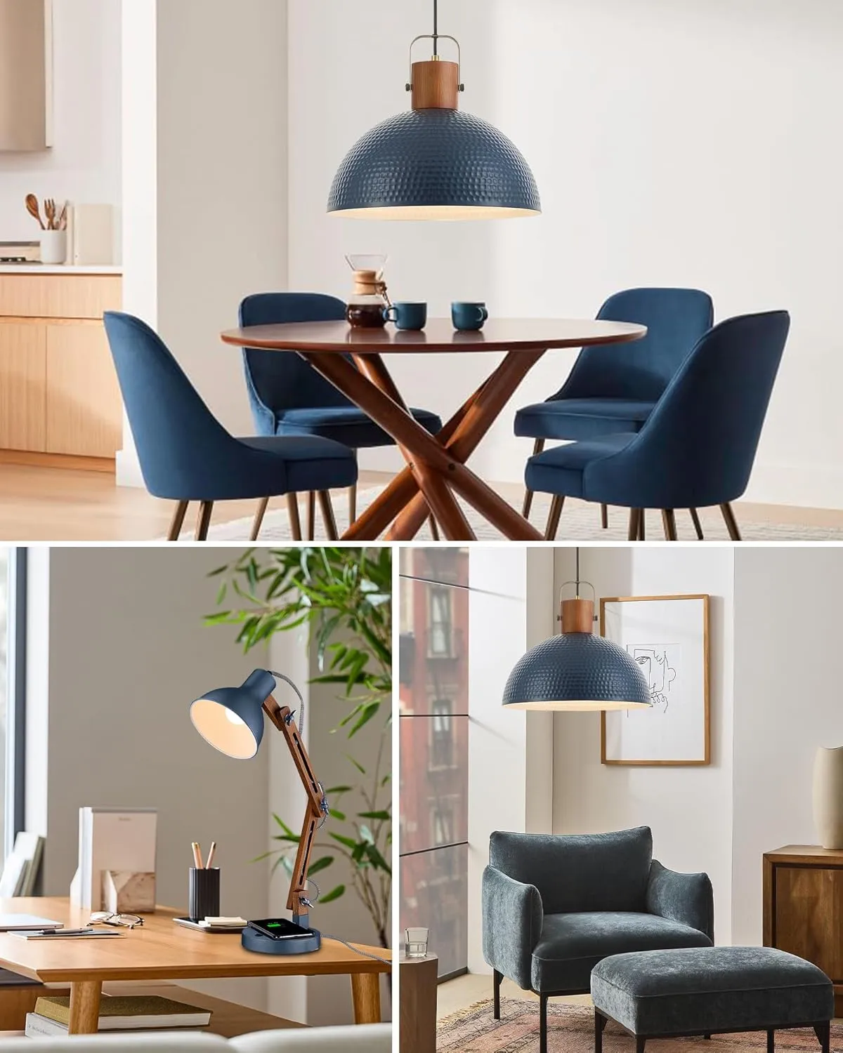 ELYONA 16” Large Ash Wood Pendant Light with Hammered Blue Metal & Brushed Brass Handle Large Pendant Light Fixtures Modern Dome Hanging Lamp for Kitchen Island, Dining Table, Bedroom, Hallway
