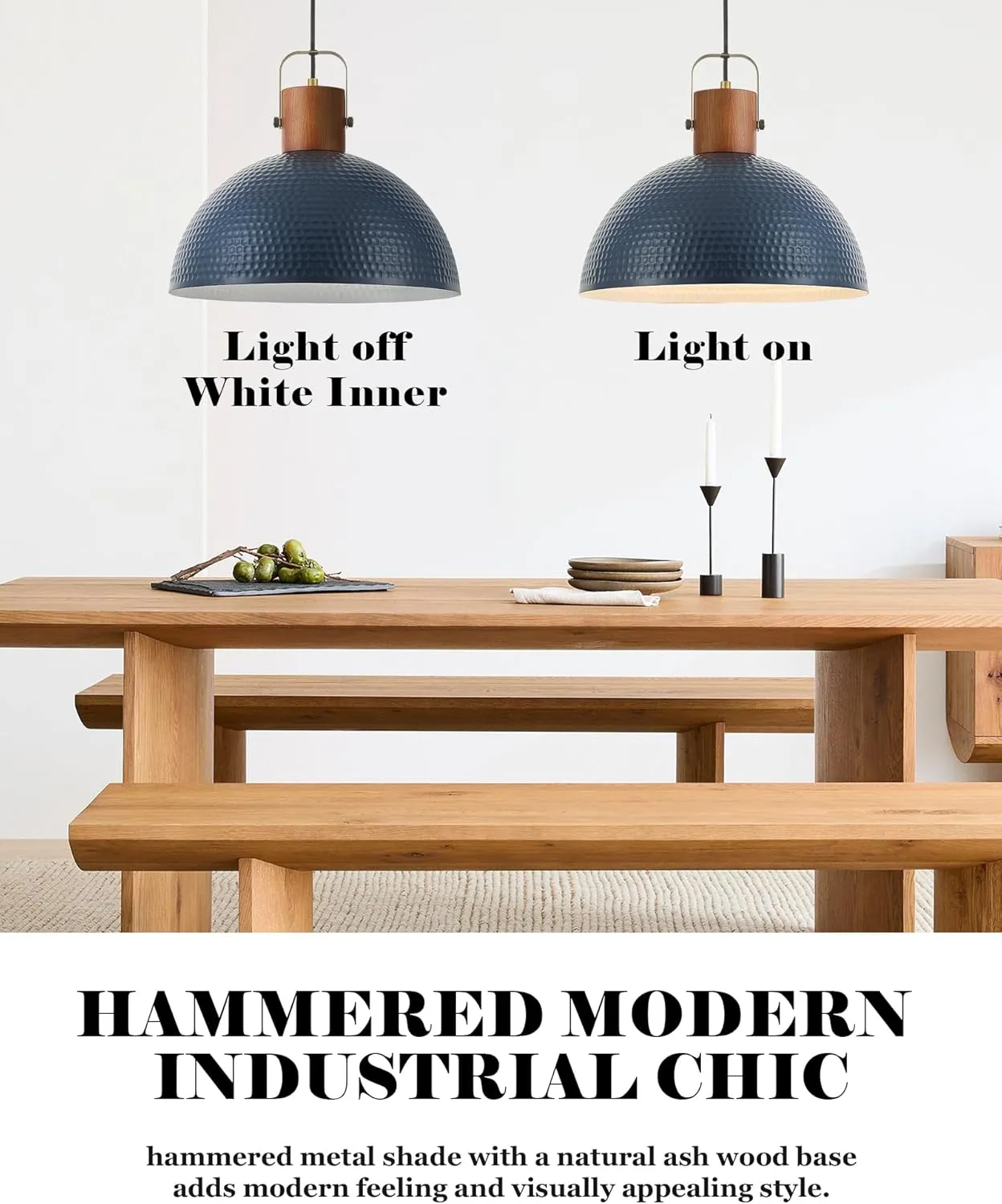 ELYONA 16” Large Ash Wood Pendant Light with Hammered Blue Metal & Brushed Brass Handle Large Pendant Light Fixtures Modern Dome Hanging Lamp for Kitchen Island, Dining Table, Bedroom, Hallway