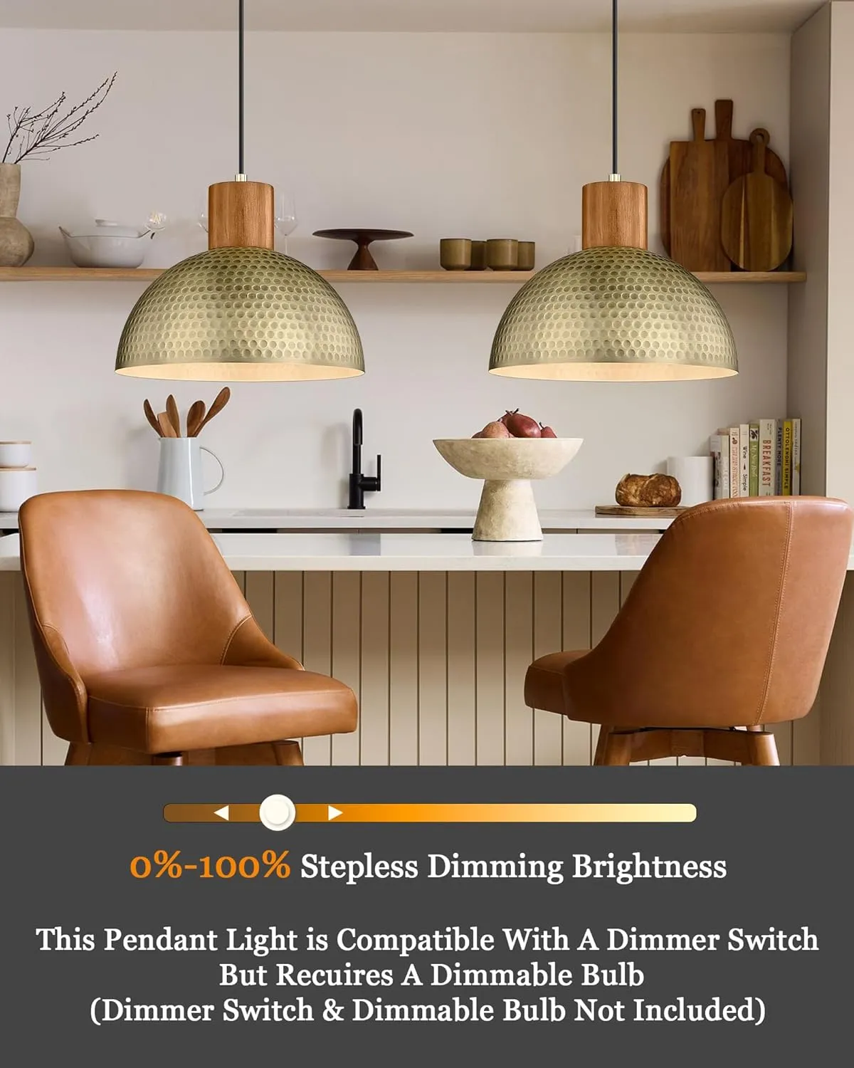 ELYONA 2 Pack Hammered Pendant Lights 12” Vintage Metal & Wood Dome Hanging Lamp Antique Gold Industrial Kitchen Pendant Light Fixtures for Island, Farmhouse, Dining Room, Sink, Hallway, Brushed Brass