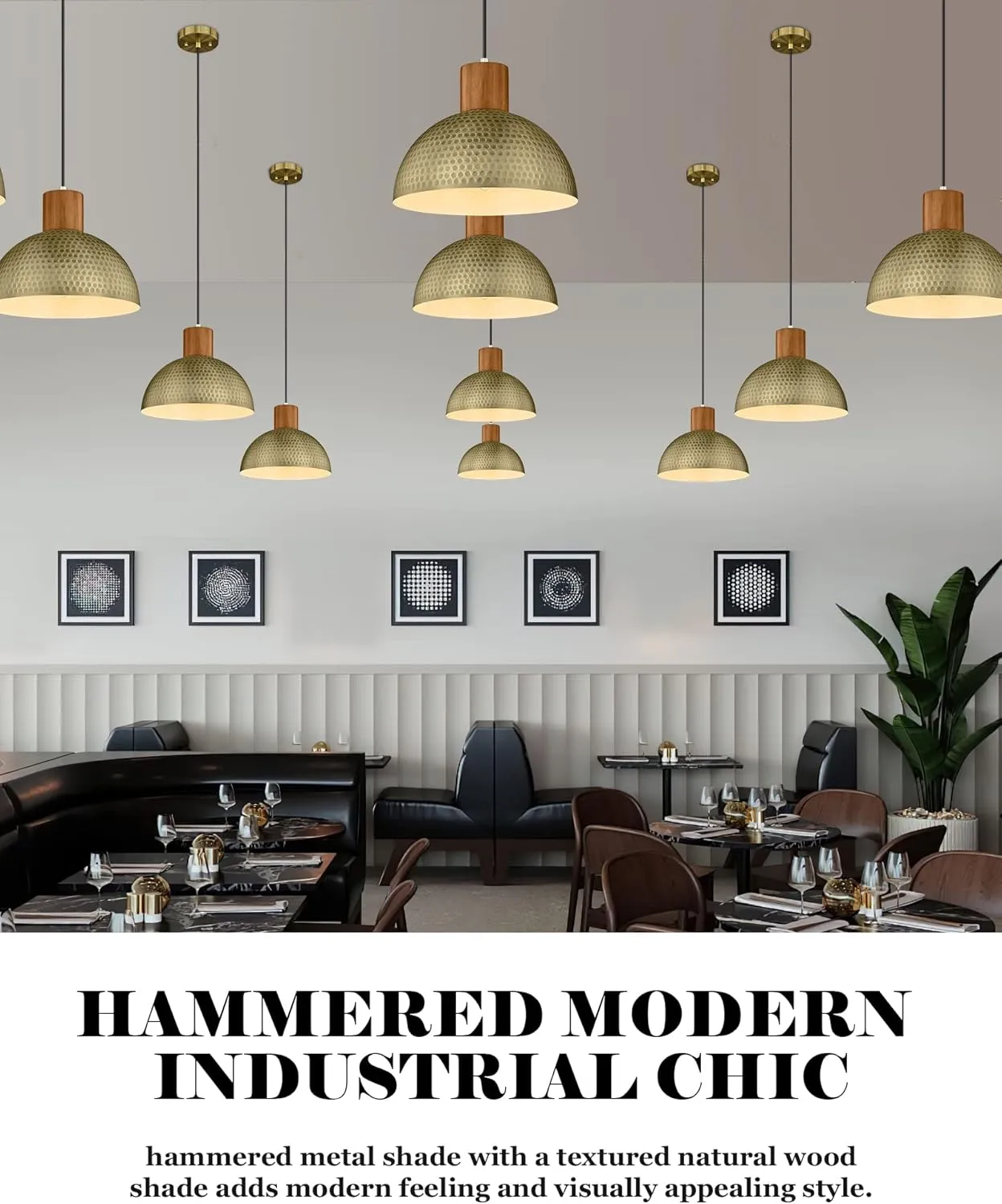 ELYONA 2 Pack Hammered Pendant Lights 12” Vintage Metal & Wood Dome Hanging Lamp Antique Gold Industrial Kitchen Pendant Light Fixtures for Island, Farmhouse, Dining Room, Sink, Hallway, Brushed Brass