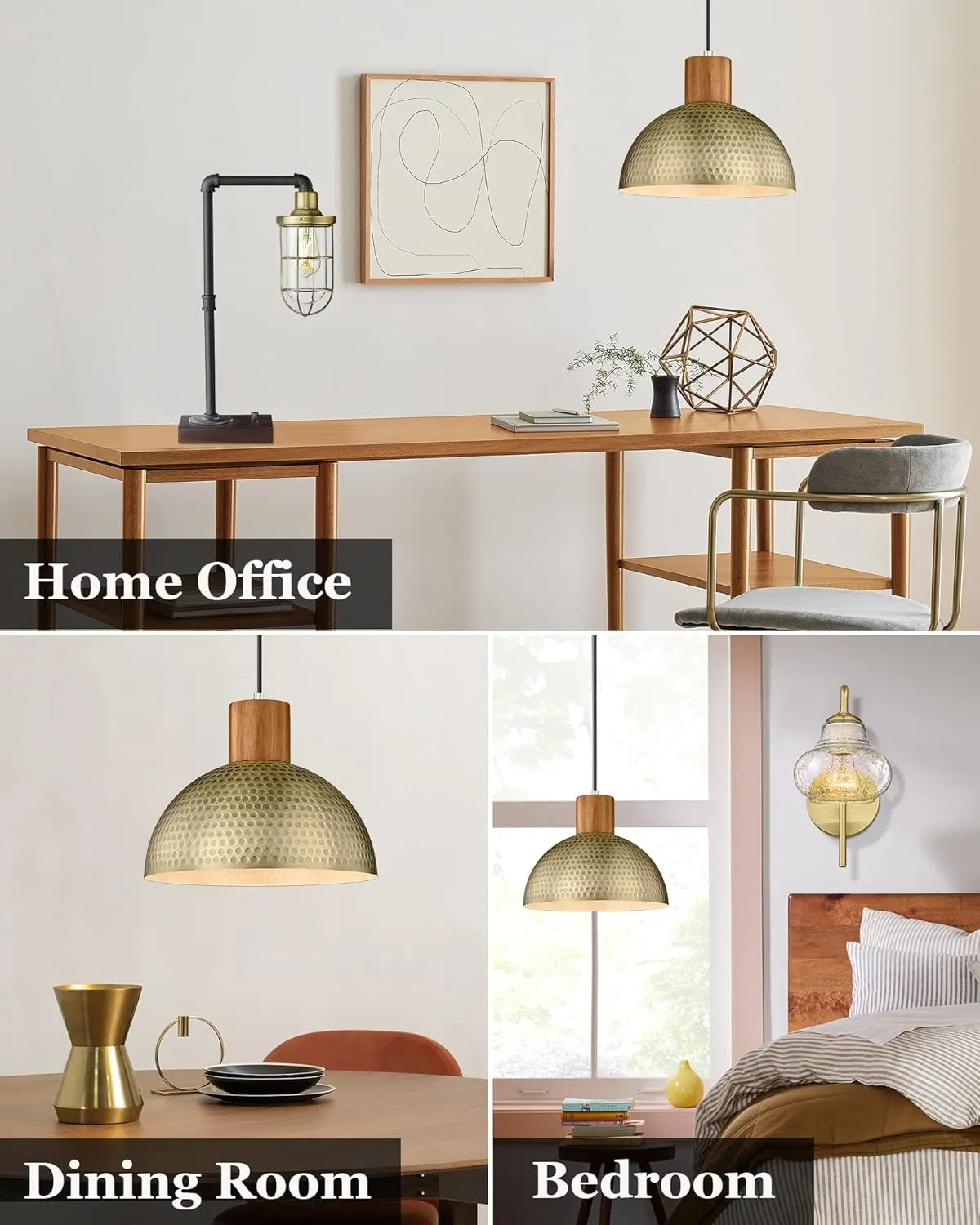 ELYONA 2 Pack Hammered Pendant Lights 12” Vintage Metal & Wood Dome Hanging Lamp Antique Gold Industrial Kitchen Pendant Light Fixtures for Island, Farmhouse, Dining Room, Sink, Hallway, Brushed Brass