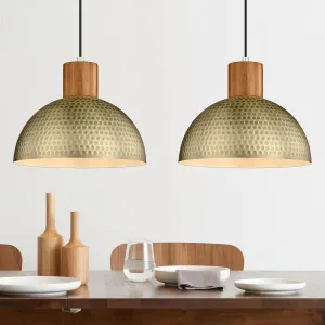 ELYONA 2 Pack Hammered Pendant Lights 12” Vintage Metal & Wood Dome Hanging Lamp Antique Gold Industrial Kitchen Pendant Light Fixtures for Island, Farmhouse, Dining Room, Sink, Hallway, Brushed Brass