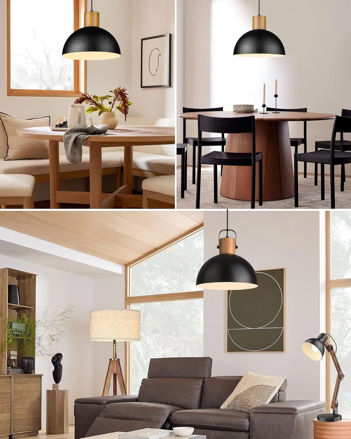 ELYONA 2 Pack Hammered Pendant Lights, 12" Industrial Metal Dome Hanging Lamp, Solid Wood Pendant Light Fixtures for Kitchen Island, Bar, Farmhouse, Dining Room, Bedroom, Hallway, Black