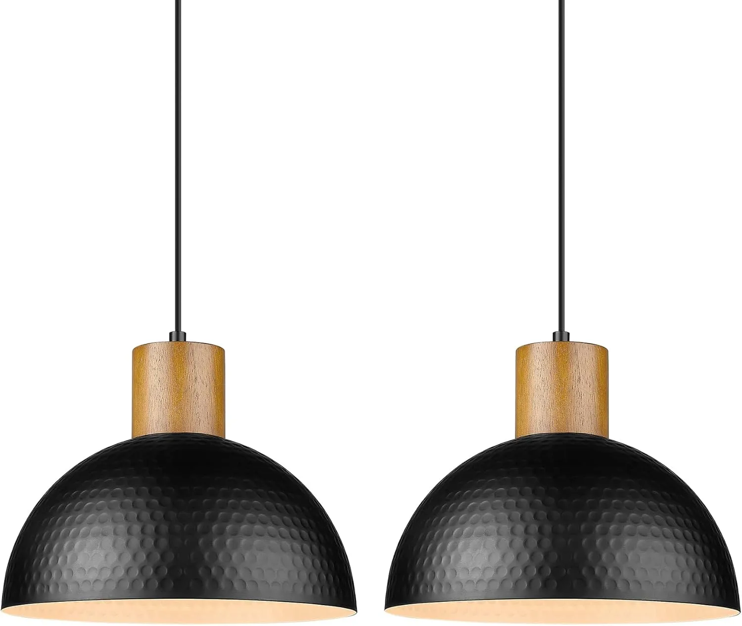 ELYONA 2 Pack Hammered Pendant Lights, 12" Industrial Metal Dome Hanging Lamp, Solid Wood Pendant Light Fixtures for Kitchen Island, Bar, Farmhouse, Dining Room, Bedroom, Hallway, Black