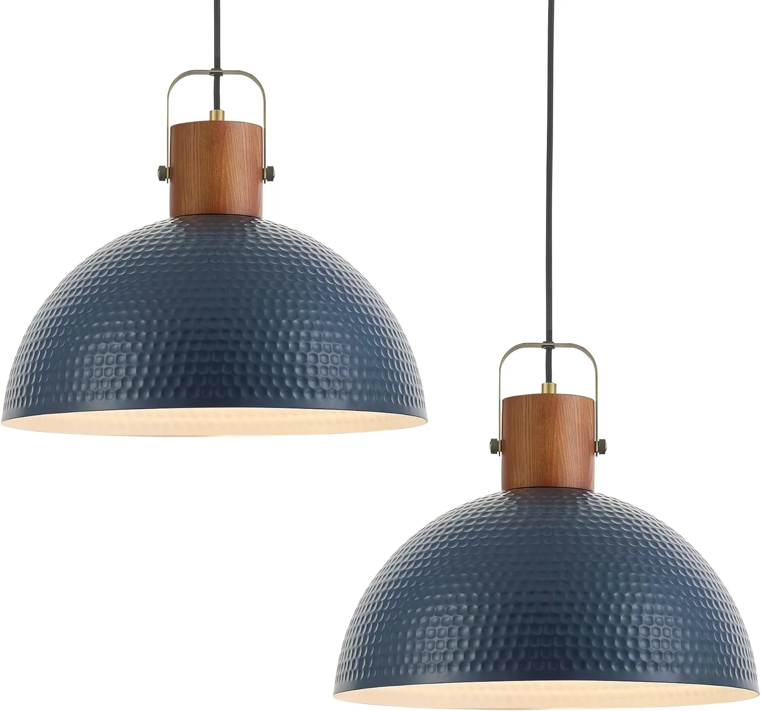 ELYONA 2 Pack Large Ash Wood Pendant Light Fixtures 16 Inch Hammered Metal Dome Hanging Lamp with Brass Handle Chandeliers for Farmhouse Kitchen Island Dining Room Sink Bedroom Hallway, Modern Blue
