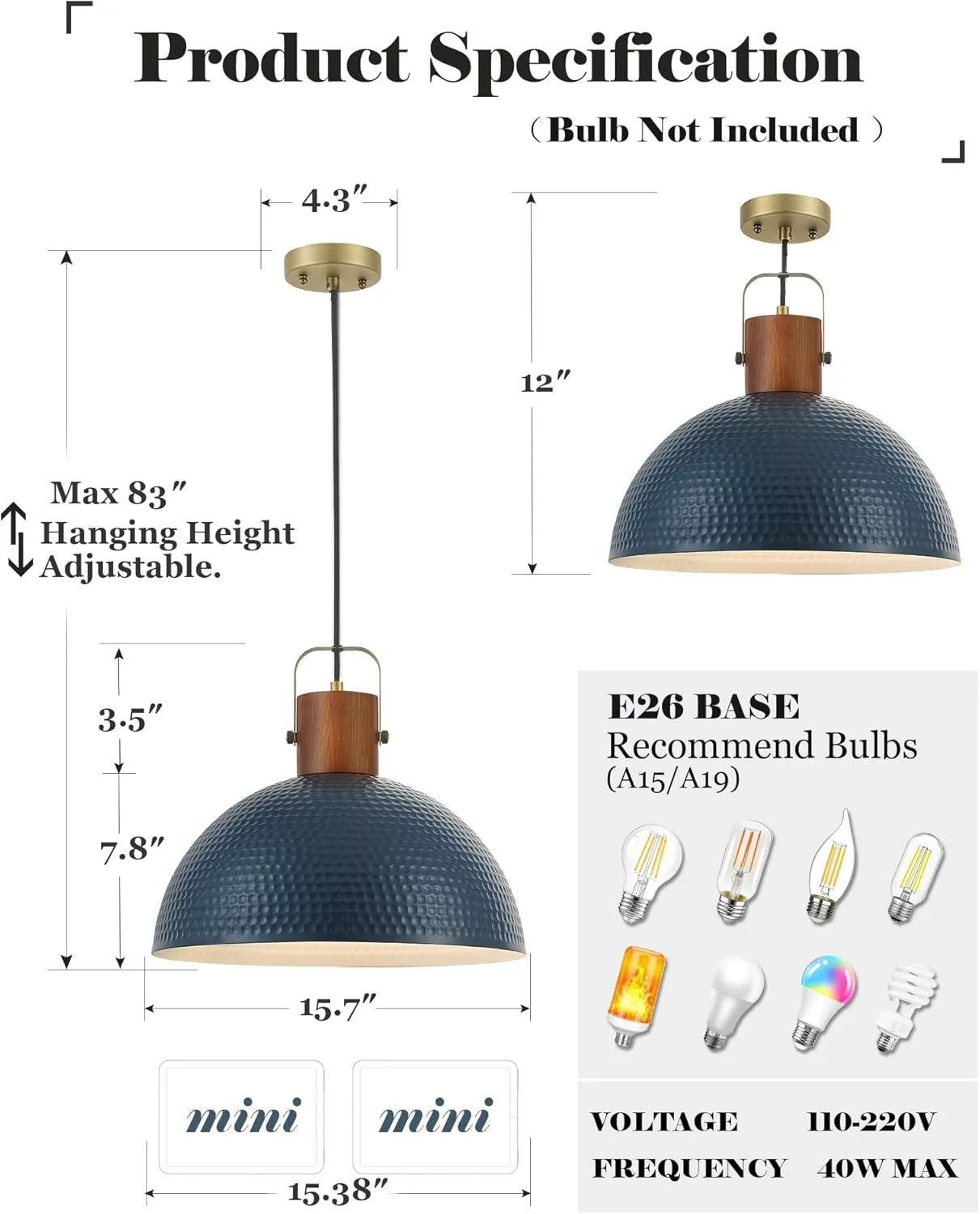 ELYONA 2 Pack Large Ash Wood Pendant Light Fixtures 16 Inch Hammered Metal Dome Hanging Lamp with Brass Handle Chandeliers for Farmhouse Kitchen Island Dining Room Sink Bedroom Hallway, Modern Blue