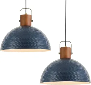 ELYONA 2 Pack Large Ash Wood Pendant Light Fixtures 16 Inch Hammered Metal Dome Hanging Lamp with Brass Handle Chandeliers for Farmhouse Kitchen Island Dining Room Sink Bedroom Hallway, Modern Blue
