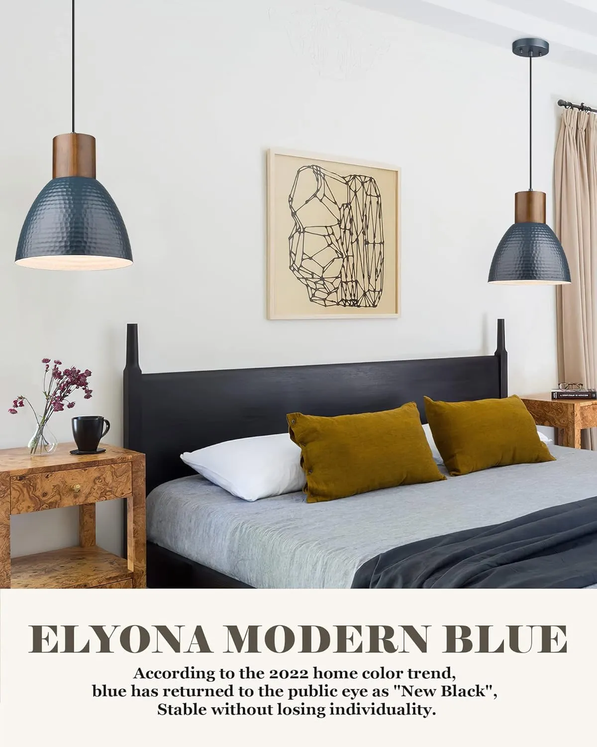 ELYONA Hammered Pendant Lights for Kitchen Island, 7” Solid Wood Hanging Light Fixtures, Adjustable Height Industrial Metal Pendant Light Fixtures for Bar Dining Room Bedroom Office, Modern Blue,Small