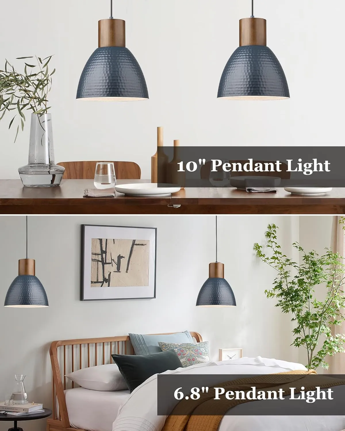 ELYONA Hammered Pendant Lights for Kitchen Island, 7” Solid Wood Hanging Light Fixtures, Adjustable Height Industrial Metal Pendant Light Fixtures for Bar Dining Room Bedroom Office, Modern Blue,Small