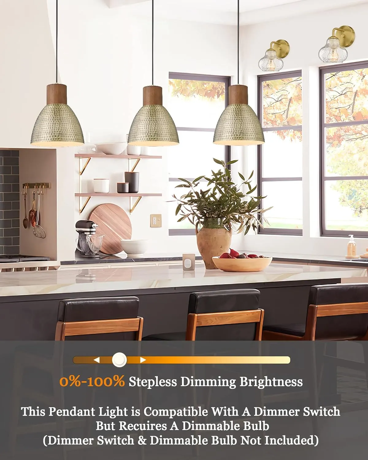 ELYONA Hammered Pendant Lights for Kitchen Island, 7” Solid Wood Vintage Metal Hanging Light Fixture Adjustable Height Antique Gold Pendant Lamp for Farmhouse, Dining Room, Brushed Brass, 3 Pack Small