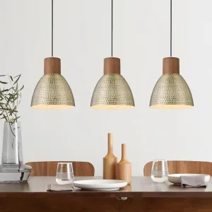 ELYONA Hammered Pendant Lights for Kitchen Island, 7” Solid Wood Vintage Metal Hanging Light Fixture Adjustable Height Antique Gold Pendant Lamp for Farmhouse, Dining Room, Brushed Brass, 3 Pack Small