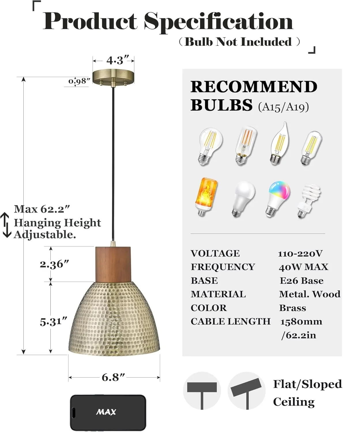 ELYONA Hammered Pendant Lights for Kitchen Island, 7” Solid Wood Vintage Metal Hanging Light Fixture Adjustable Height Antique Gold Pendant Lamp for Farmhouse, Dining Room, Brushed Brass, 3 Pack Small