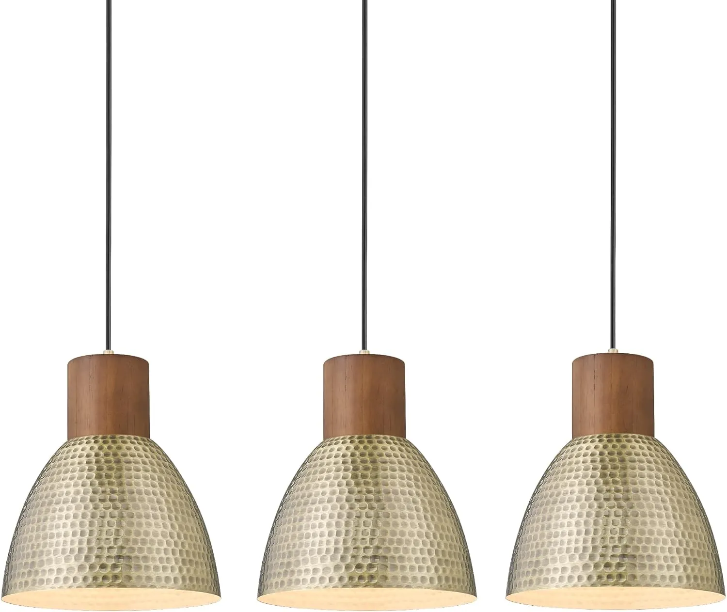 ELYONA Hammered Pendant Lights for Kitchen Island, 7” Solid Wood Vintage Metal Hanging Light Fixture Adjustable Height Antique Gold Pendant Lamp for Farmhouse, Dining Room, Brushed Brass, 3 Pack Small
