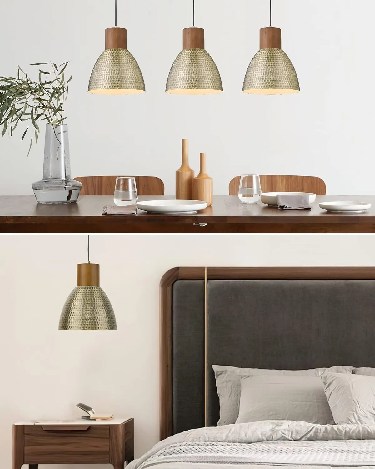 ELYONA Hammered Pendant Lights for Kitchen Island, 7” Solid Wood Vintage Metal Hanging Light Fixture Adjustable Height Antique Gold Pendant Lamp for Farmhouse, Dining Room, Brushed Brass, 3 Pack Small