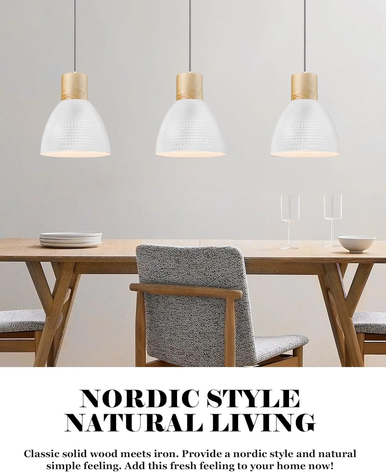 ELYONA Hammered Pendant Lights for Kitchen Island, Solid Wood Hanging Light Fixtures, Industrial Metal Pendant Light Fixtures for Bar, Dining Room, Bedroom, Office, Modern White,Small