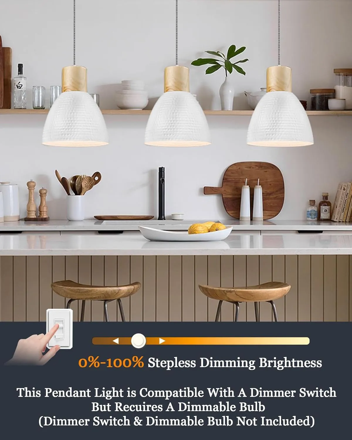 ELYONA Hammered Pendant Lights for Kitchen Island, Solid Wood Hanging Light Fixtures, Industrial Metal Pendant Light Fixtures for Bar, Dining Room, Bedroom, Office, Modern White,Small
