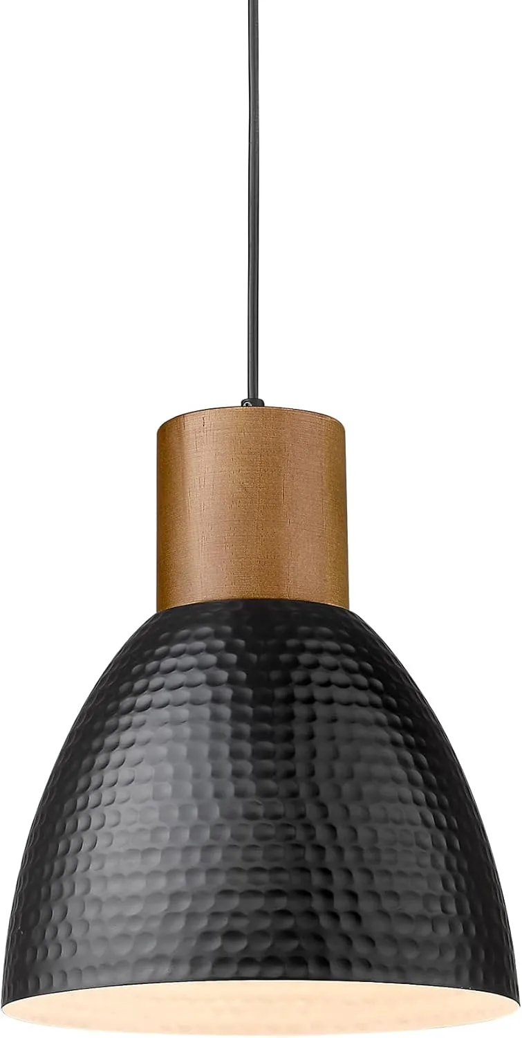 ELYONA Industrial Hammered Pendant Light, Solid Wood Hanging Lamp with 7” Hammered Metal Shade, Farmhouse Pendant Light Fixtures for Kitchen Island, Dining Room, Bedroom, Office, Modern Black, Small