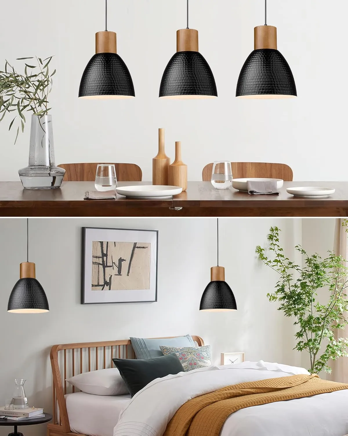 ELYONA Industrial Hammered Pendant Light, Solid Wood Hanging Lamp with 7” Hammered Metal Shade, Farmhouse Pendant Light Fixtures for Kitchen Island, Dining Room, Bedroom, Office, Modern Black, Small