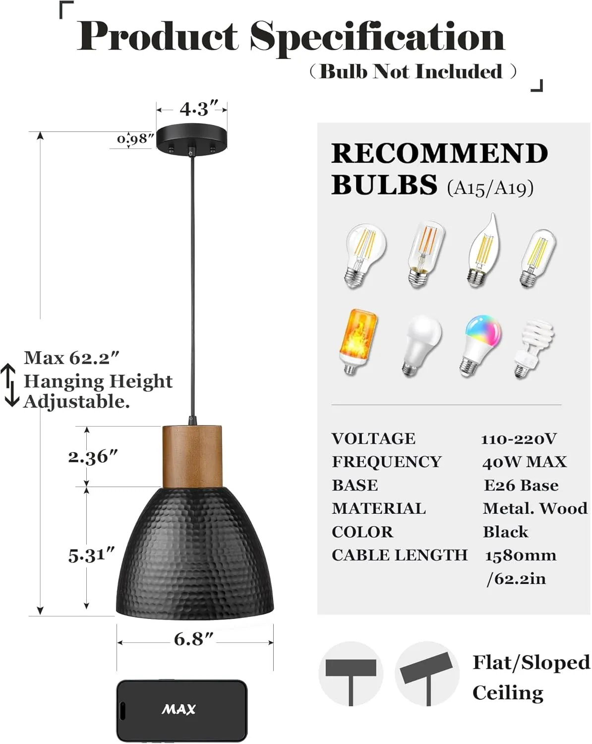 ELYONA Industrial Hammered Pendant Light, Solid Wood Hanging Lamp with 7” Hammered Metal Shade, Farmhouse Pendant Light Fixtures for Kitchen Island, Dining Room, Bedroom, Office, Modern Black, Small