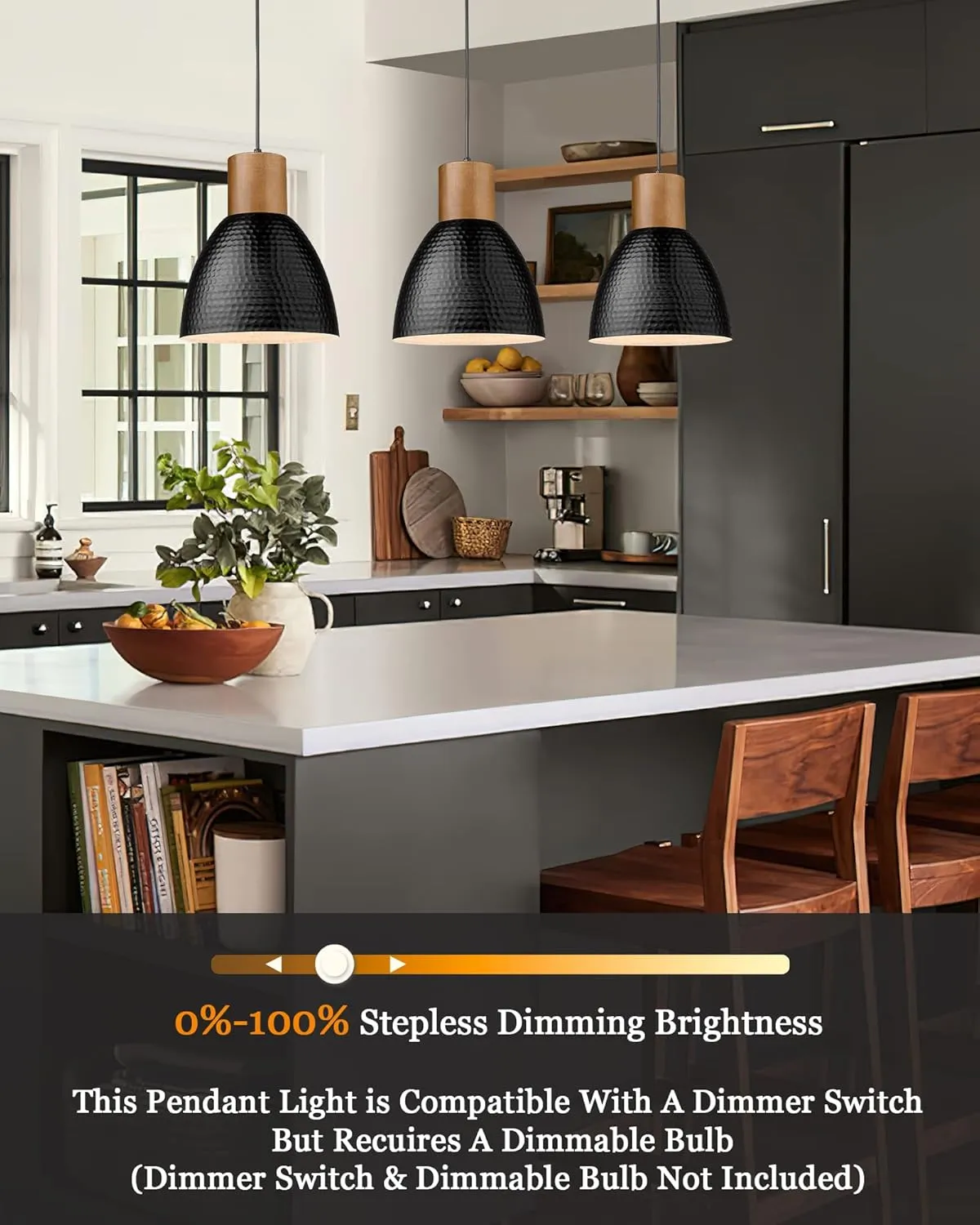 ELYONA Industrial Hammered Pendant Light, Solid Wood Hanging Lamp with 7” Hammered Metal Shade, Farmhouse Pendant Light Fixtures for Kitchen Island, Dining Room, Bedroom, Office, Modern Black, Small