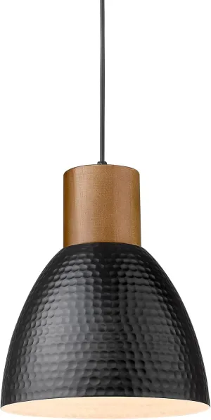 ELYONA Industrial Hammered Pendant Light, Solid Wood Hanging Lamp with 7” Hammered Metal Shade, Farmhouse Pendant Light Fixtures for Kitchen Island, Dining Room, Bedroom, Office, Modern Black, Small