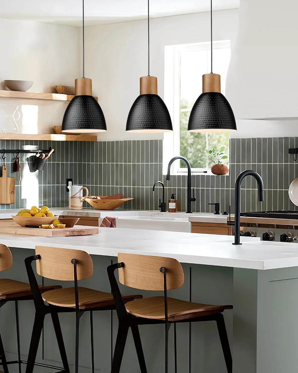 ELYONA Industrial Hammered Pendant Light, Solid Wood Hanging Lamp with 7” Hammered Metal Shade, Farmhouse Pendant Light Fixtures for Kitchen Island, Dining Room, Bedroom, Office, Modern Black, Small