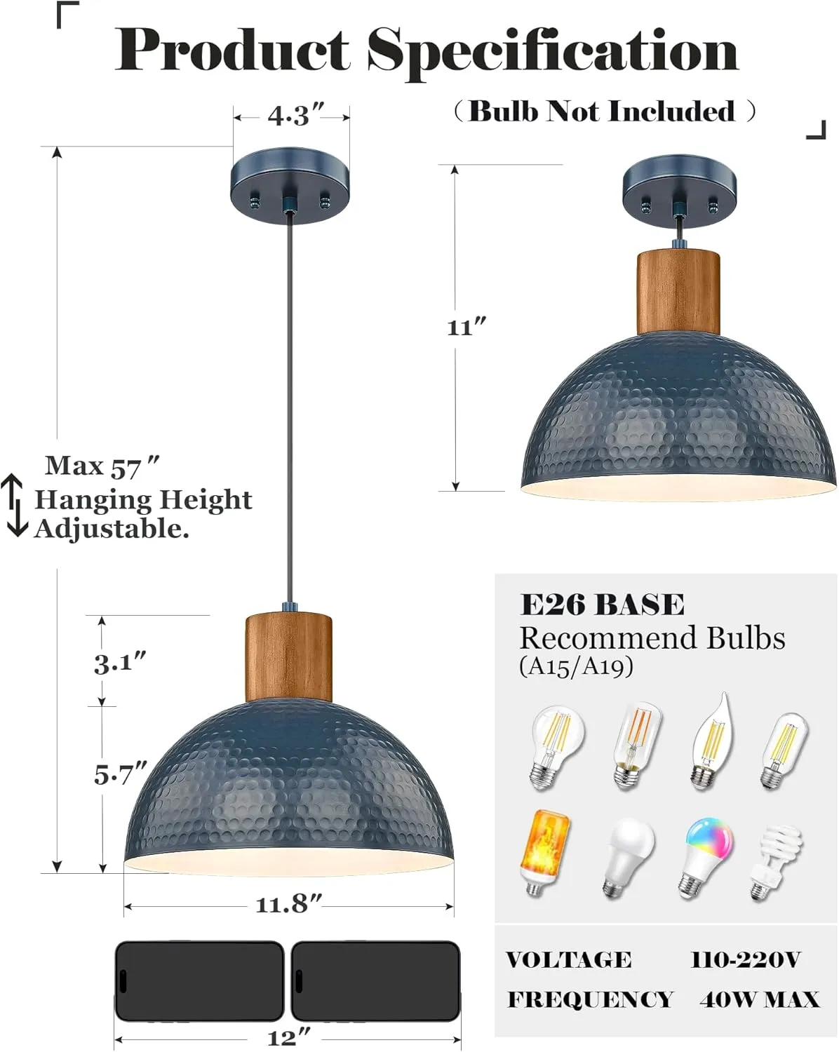 ELYONA Industrial Pendant Light 12" Hammered Metal Dome Hanging Lamp Solid Wood Pendant Light Fixtures for Kitchen Island, Farmhouse, Dining Room, Sink, Bedroom, Hallway, Modern Blue
