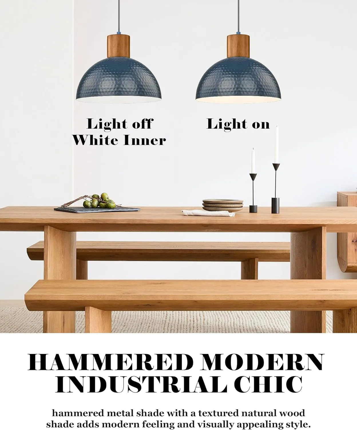 ELYONA Industrial Pendant Light 12" Hammered Metal Dome Hanging Lamp Solid Wood Pendant Light Fixtures for Kitchen Island, Farmhouse, Dining Room, Sink, Bedroom, Hallway, Modern Blue
